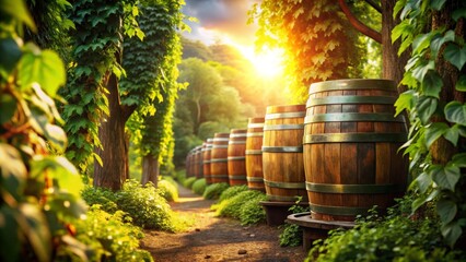 Naklejka premium Wine Barrels in Vine-Covered Vineyard at Sunset