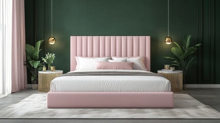 Pink velvet tufted headboard and bed set in a modern bedroom.