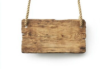 Rustic wooden signboard hanging with rope against white background