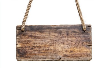 Rustic wooden signboard with rope on a white background