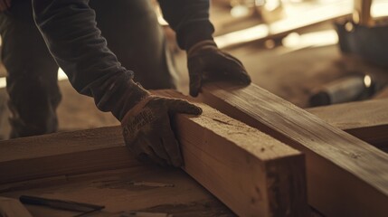 A construction worker placing wooden beams for a ceiling. Featuring precision and craftsmanship