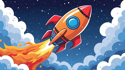 Colorful space rocket illustration soaring through the clouds into outer space, representing imagination, exploration, growth, and futuristic technology in a whimsical, fun style.

