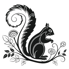 Squirrel with Flowers Black and White Illustration, Minimalist Design, Forest Animal