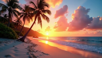 Palm trees standing on sandy shore at sunrise, beach, sand, palm tree