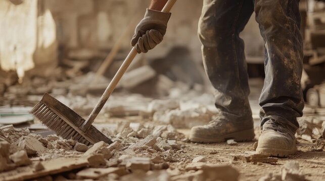 A construction worker removing debris from a job site. Featuring diligence and cleanliness