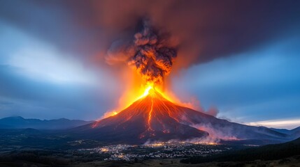 Fototapeta premium A dramatic volcanic eruption displays fiery lava and thick smoke against a twilight sky, illuminating the surrounding landscape.