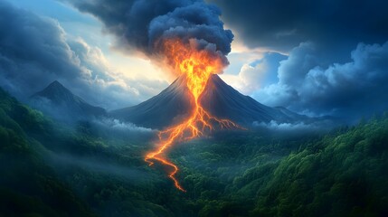 Fototapeta premium A dramatic volcanic eruption showcases fiery lava and dark clouds, surrounded by lush greenery, illustrating nature's power and beauty.