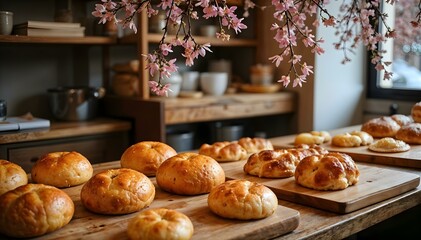 Artisan Bakery: A delightful array of freshly baked bread and pastries artfully arranged on wooden surfaces, complemented by delicate floral decorations in a charming setting. 