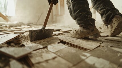 A construction worker removing old flooring during a renovation. Featuring attention to detail and care