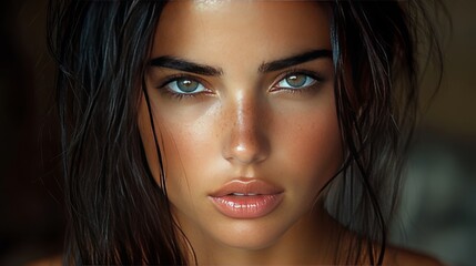 Close-up portrait of a woman with striking blue eyes and dark hair looking intensely at the camera with natural light highlighting her features