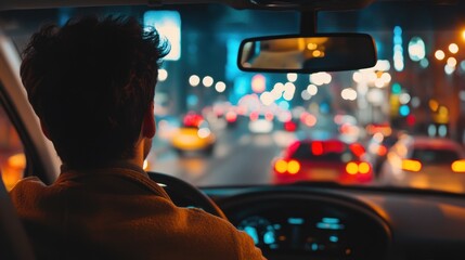 A young man driving through a bustling city at night, illuminated by bright lights and busy traffic.