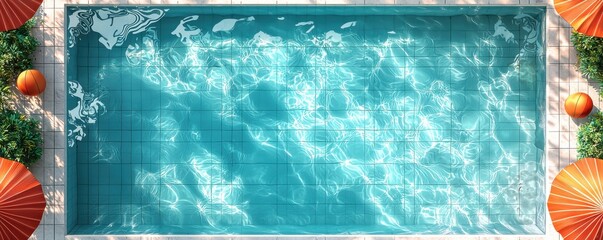 Top view of a sparkling swimming pool surrounded by plants and orange umbrellas
