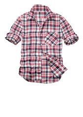 Isolated casual plaid cotton shirt, a stylish garment with sleeves, on a white background