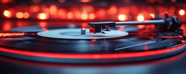 Close-up of a vintage record player with glowing red lights