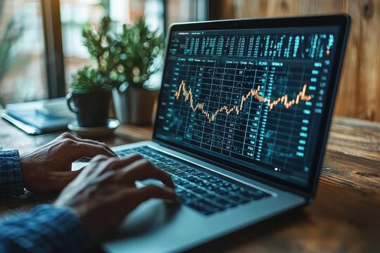 Businessman analyzing financial data on laptop with dynamic graphs and charts displayed