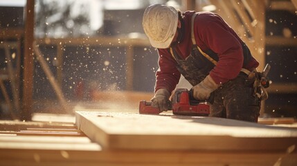A construction worker sanding wooden beams at a building site. Featuring craftsmanship and attention to detail