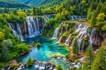 Obraz premium Multi-tiered Jiuzhaigou waterfalls: a stunning aerial panorama of Sichuan's natural beauty.