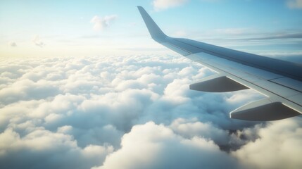 Obraz premium Aerial view of fluffy clouds as seen from the airplane window, capturing the essence of travel and adventure high above.