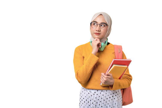 Pensive young Asian student girl with backpack holding notebook, thinking about question isolated on transparent background