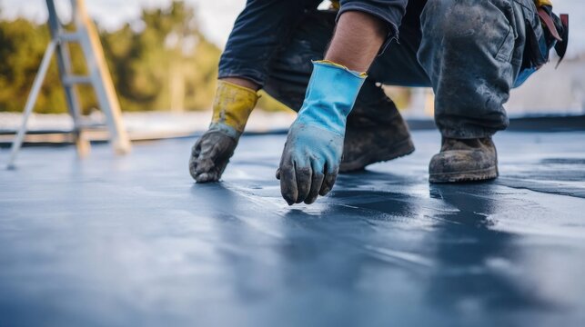 A construction worker sealing a roof with waterproofing material. Featuring skill and safety