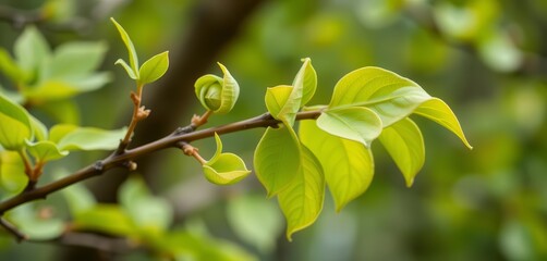 Fototapeta premium New spring leaves unfurling on a branch, vibrant green hues, flora, daylight