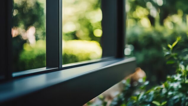 Modern window detail showcasing a view of lush greenery