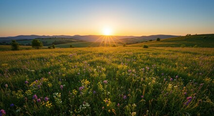 Fototapeta premium Sunset over a vibrant meadow, rolling hills and a clear sky. Golden hour light bathes the wildflowers in a warm glow, creating a peaceful and serene landscape.