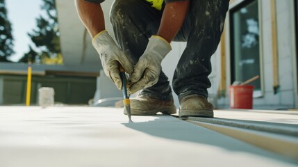 A construction worker sealing joints in the foundation. Featuring attention to detail and protection