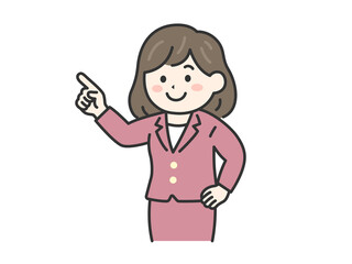 指を指して説明する、スーツ姿の女性（線画カラー）のイラスト
