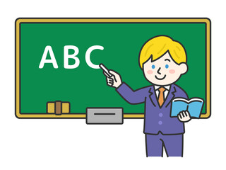 黒板で英語を教える、白人の男性教師（線画カラー）のイラスト