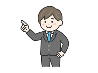 指を指して説明する、スーツ姿の男性（線画カラー）のイラスト