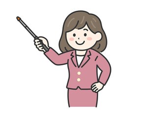 指し棒を使って説明する、スーツ姿の女性（線画カラー）のイラスト
