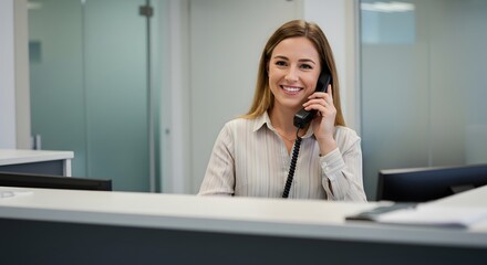A friendly receptionist sits at a modern front desk, smiling while speaking on the phone. Dressed professionally, she works in a bright office with glass walls, exuding a welcoming demeanor.