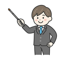 Obraz premium 指し棒を使って説明する、スーツ姿の男性（線画カラー）のイラスト