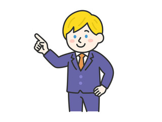 指を指して説明する、スーツ姿の白人男性（線画カラー）のイラスト