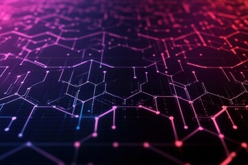 Fototapeta premium Abstract network grid with pink and purple hues connecting nodes in a complex technological design