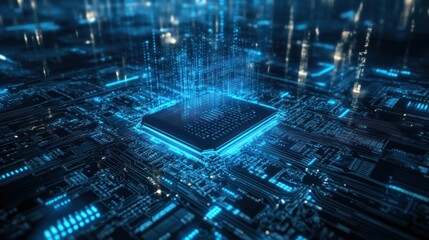 Futuristic microprocessor glowing with blue lights, representing advanced technology and innovation in electronics.