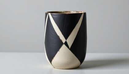 A ceramic vase, cylindrical in form, its surface adorned with precisely rendered geometric patterns