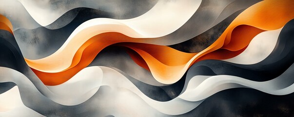 A visually striking abstract composition featuring flowing waves of orange, white, and gray, creating a dynamic, three-dimensional effect.