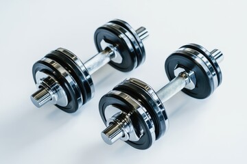 Naklejka premium Two dumbbells with black and silver weights are placed on a white surface in a studio setting