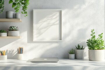 A minimalist workspace featuring plants, a laptop, and a blank picture frame on a white wall space