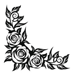 Decorative Corner Floral Element Roses, Leaves, Swirls in Black Silhouette Design