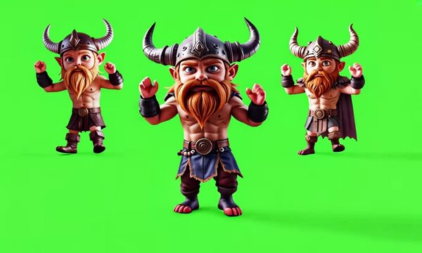 three vikings dancing happily on green screen