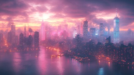 Obraz premium Cityscape at Dusk: A Dreamlike Metropolis