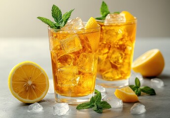 Fototapeta premium Refreshing Lemon Mint Beverage with Ice Cubes in Clear Glasses Garnished with Fresh Mint Leaves and Lemon Wedges on a Light Gray Background