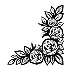 Black & White Rose Corner Border, Floral Ornament Design with Leaves & Petals, Decor