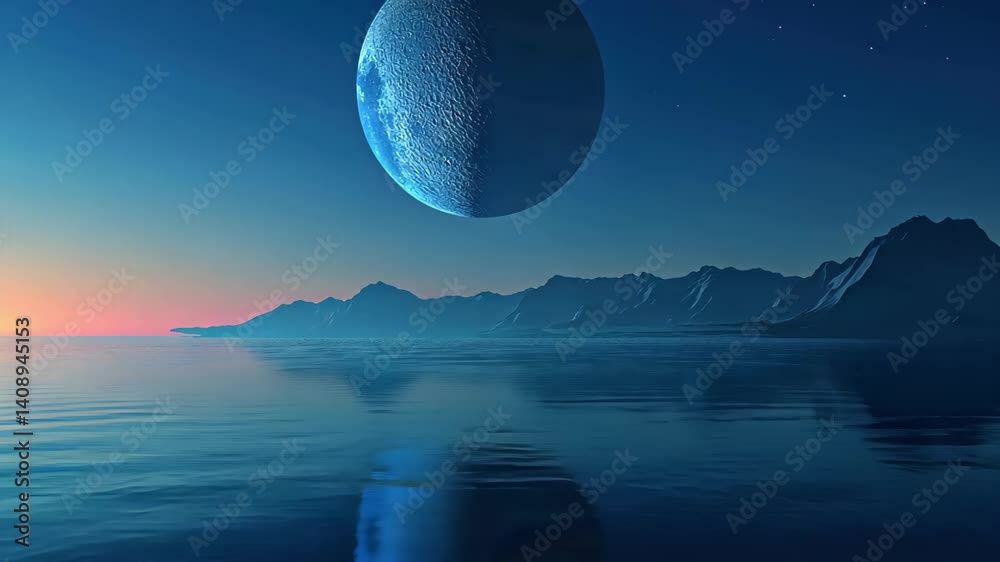 Poster blue moon sets gently over the calm ocean waves at dawn's first light, blue colored moon setting slo