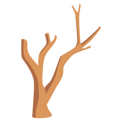 Fototapeta premium Vector illustration of a dry tree on sandy desert terrain with small bushes. Ideal for desert themes, arid landscapes, or environmental concept artwork in flat cartoon style.