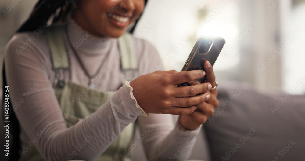 Poster happy woman, hands and texting with phone on sofa for communication or social media at home. closeup
