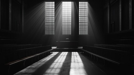 Fototapeta premium An ominous, dark courtroom with the judge's bench casting long shadows over the empty stands